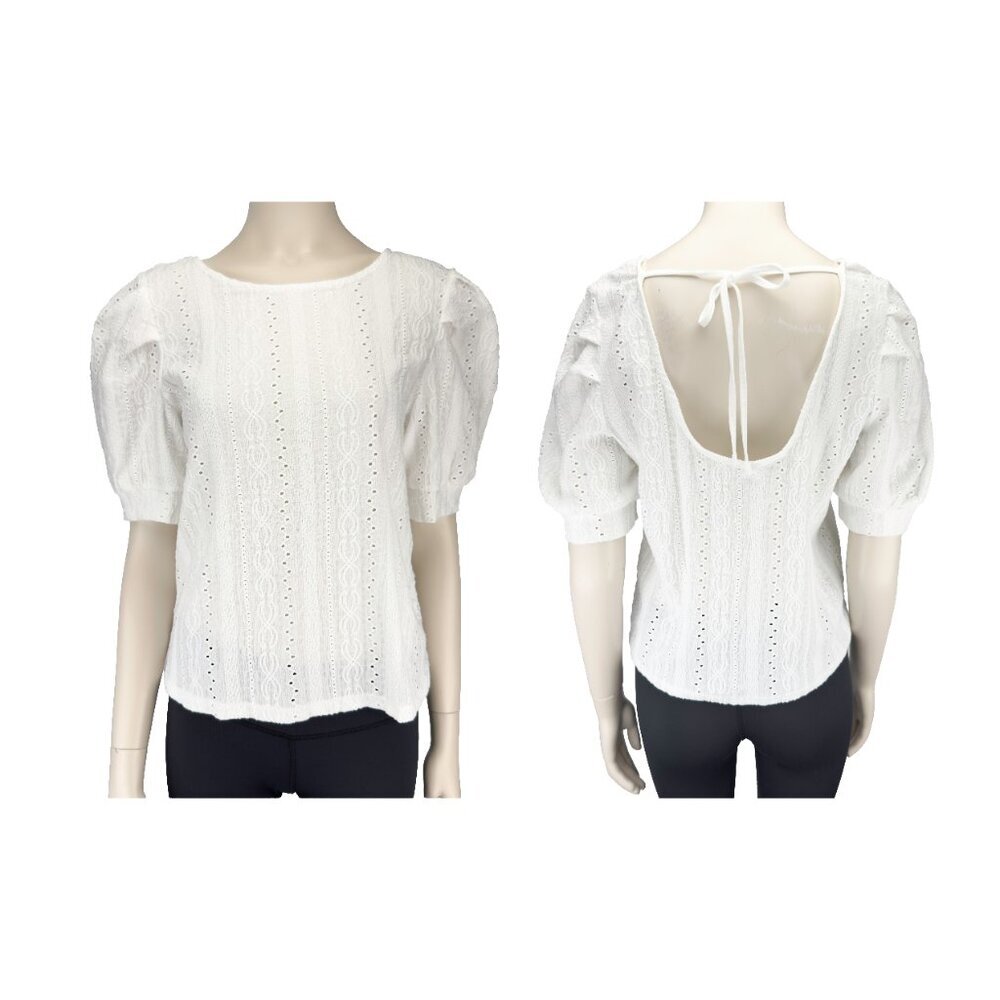 ONLY Cottagecore Puff Sleeves Openback Eyelet Round Neck Boho White Lace Top‎ M